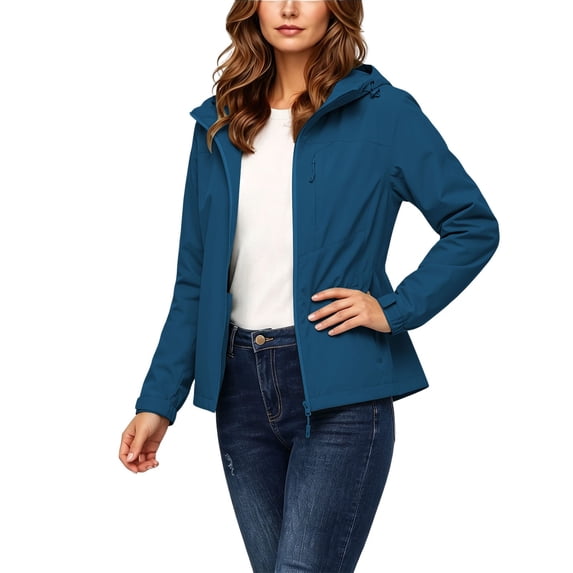 Women's Solid Waterproof Windproof Hooded Softshell Jacket, Lightweight Full Zip Outdoor Hiking Walking Windbreaker Coat Dark Blue XL(XL)