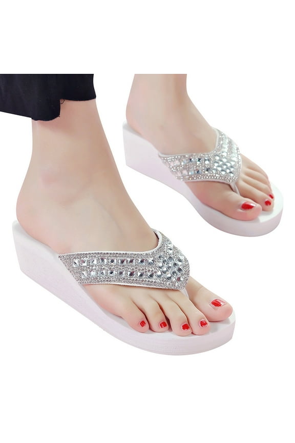 Women's Solid Wedge Sandals Soft and Comfortable Foorbed Rhinestone Sparkle Thong Flip Flops