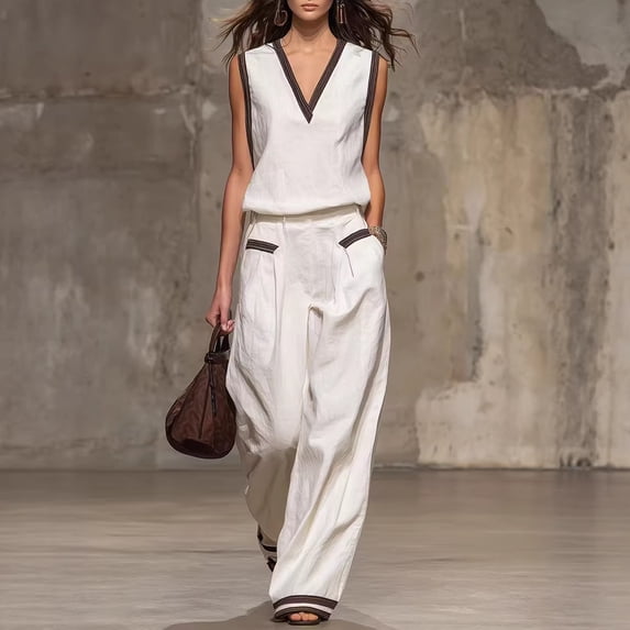 Women's Solid White V-Neck 3/4 Sleeve Irregular Hem Linen Blend Two-Piece Casual Set Loose Tunic & Elastic High Waist Wide Leg Pants