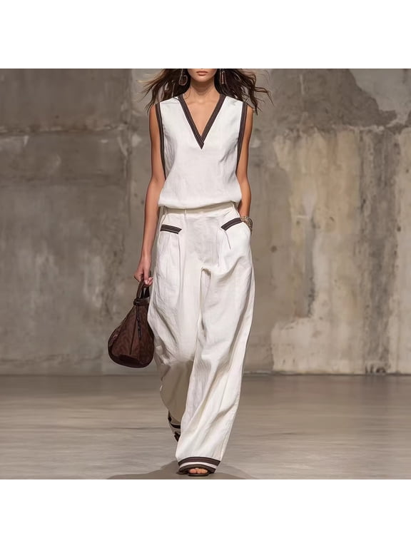 Women's Solid White V-Neck 3/4 Sleeve Irregular Hem Linen Blend Two-Piece Casual Set Loose Tunic & Elastic High Waist Wide Leg Pants