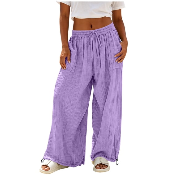 Women's Solid Wide Leg Pants Elastic Waist Adjustable Cuff Casual Pants With Pockets