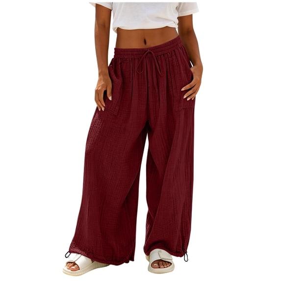 Women's Solid Wide Leg Pants Elastic Waist Adjustable Cuff Casual Pants With Pockets