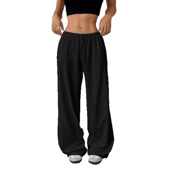 Women’s Solid Wide-Leg Pants, Elastic Waist Drawstring Lounge Trousers, High-Comfort Casual Loose Fit Pants, Lightweight Everyday Relaxed Fit Bottoms