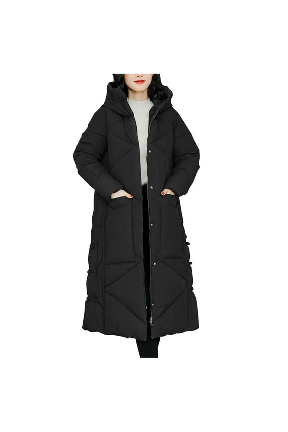 Women's Solid Winter Coats Quilted Warm Snow Puffer Jacket Thicken Heavyweight Hooded Ankle Length Parka Overcoats with Pockets