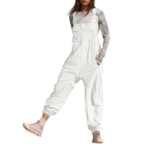 Women's Solid Work Overalls - Casual Leggings Jumpsuit with Pockets, Polyester, S-XXL