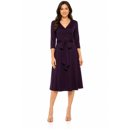 Women's Solid Wrap Dress with 3/4 Sleeves and Waist Tie