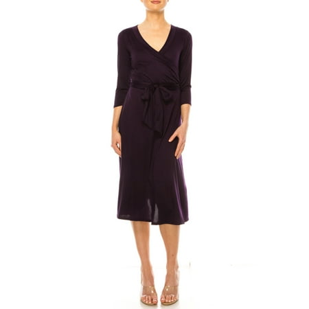 Moa Collection Women's Solid Wrap Dress – 3/4 Sleeve V-Neck with Waist Tie