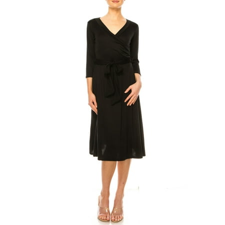 Moa Collection Women's Solid Wrap Dress – 3/4 Sleeve V-Neck with Waist Tie