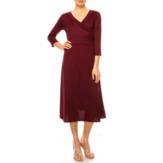 Moa Collection Women's Solid Wrap Dress – 3/4 Sleeve V-Neck with Waist Tie