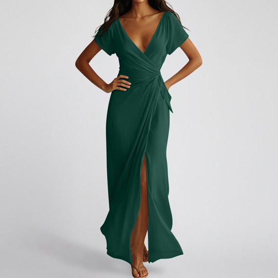 Women's Solid Wrap Front Slit Dress – Elegant V Neck Maxi Gown with Figure-Hugging Fit in Sizes S-XXL, Chic Summer Party Evening Wear for Special Occasions