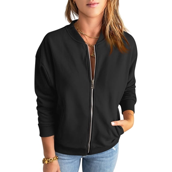 Women's Solid Zip Up Bomber Jacket, Casual Long Sleeve Stand Collar Lightweight Outerwear with Pockets