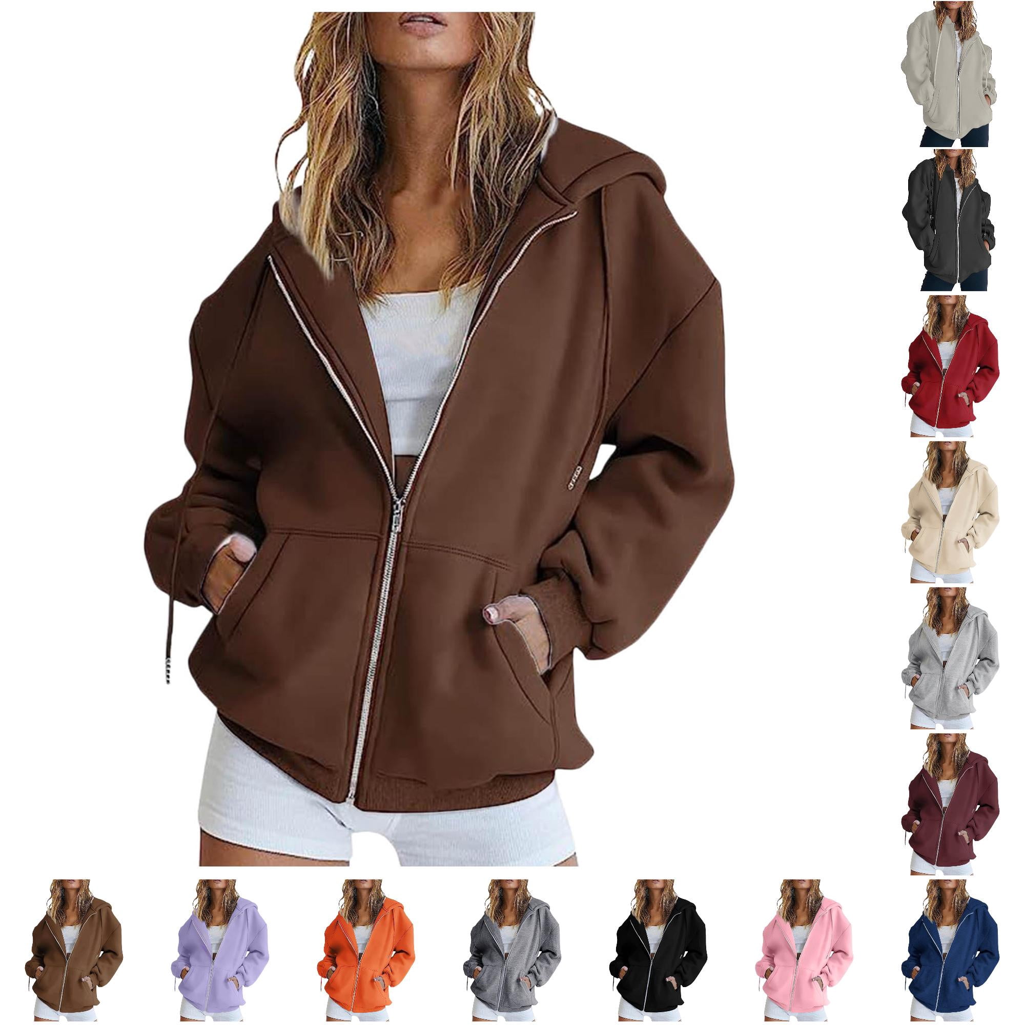 Women's Solid Zip Up Hooded Coat with Pocket Long Sleeve Casual Wear ...