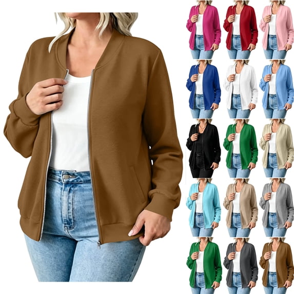 Women's Solid Zip-Up Sweatshirt Jacket Solid Color Long Sleeve Round Neck Sweatshirt with Pockets for Daily Wear