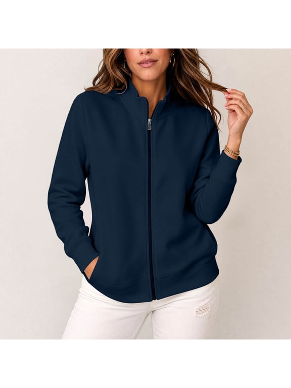 Women's Solid Zipper Stand Collar Coat, Long Sleeve Casual Top