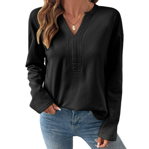 Women's Solid-color Casual V-neck Sweatshirt Long-sleeved Off-the-shoulder Pullover Top Long-sleeved V-neck Top