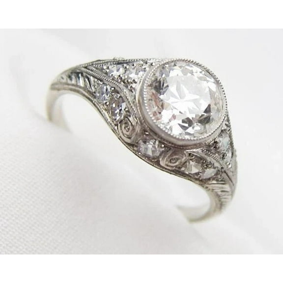 Women's Solitaire Engagement Ring, Bezel Set Split Shank Art Deco Ring, Vintage Proposal Anniversary Ring, Milgrain Party Wear Wedding Ring, 2 Ct Simulated Round Cut Diamond, 14K White Gold Plated