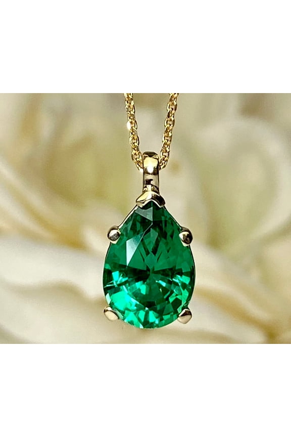 Women's Solitaire Pendant 14K Yellow Gold Plated 2.00Ct Pear Cut Emerald 18" Chain