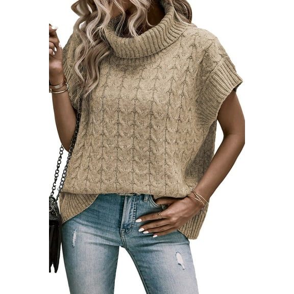 Women's Sophisticated Light French Beige Cable Knit Turtleneck Sweater - [ZhiHiMeRi] | (US 16-18)XL