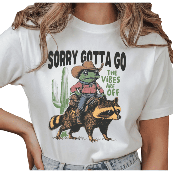 Women's "Sorry Gotta Go" Cowboy Frog Riding Raccoon Graphic T Shirt Funny Meme Short Sleeve Round Neck Top White S-5XL