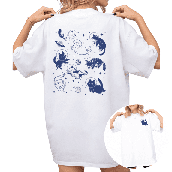 Women's Space Cat Astronaut Back Print Graphic Comfortable Cotton T Shirt Casual Short Sleeve Round Neck Top White S-5XL