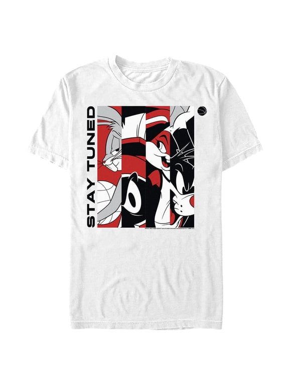 Men's Space Jam: A New Legacy Stay Tuned Panels Red and Black Graphic Tee White Large