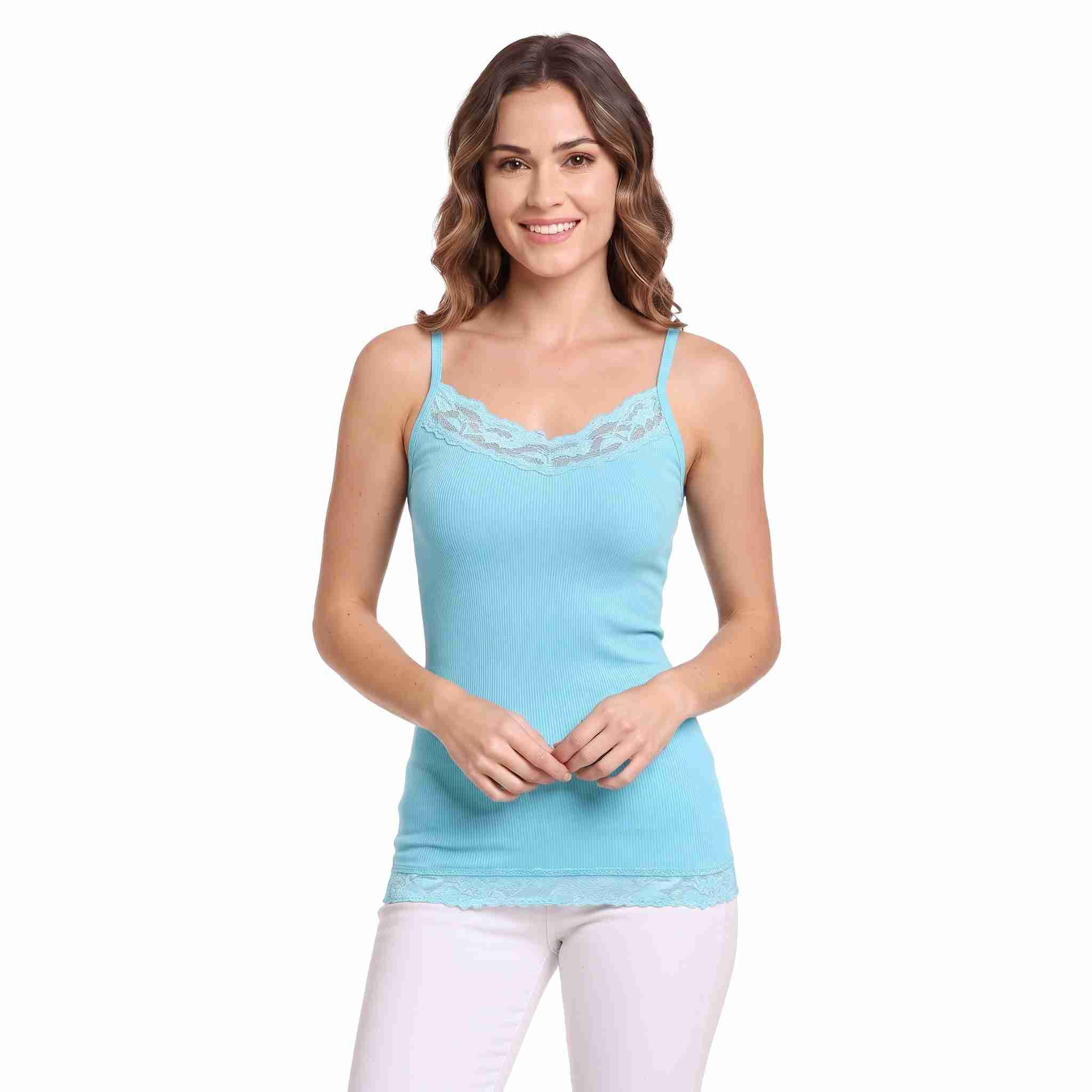 COUVER Women's Lace Trim Long Cami Tank Top Candy Blue One Size 1