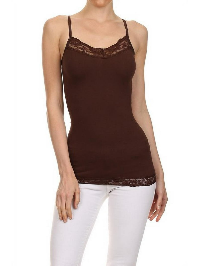 Women's Spaghetti Lace Trimmed Long Tank Top - Dark Brown