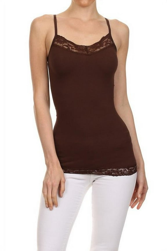 Women's Spaghetti Lace Trimmed Long Tank Top - Dark Brown