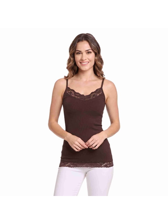 Women's Lace Trim Long Cami Tank Top Dark Brown One Size 1 Pack (1 Count)