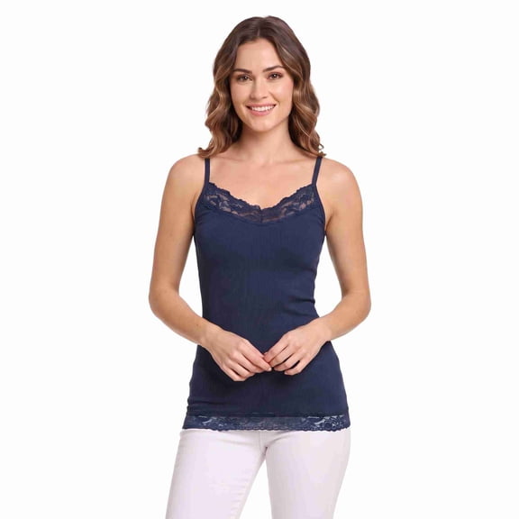Women's Spaghetti Lace Trimmed Long Tank Top - Denim Blue