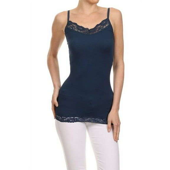 Women's Spaghetti Lace Trimmed Long Tank Top - Denim Blue