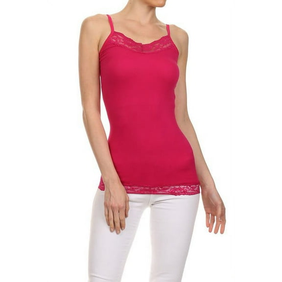 Women's Spaghetti Lace Trimmed Long Tank Top - Raspberry
