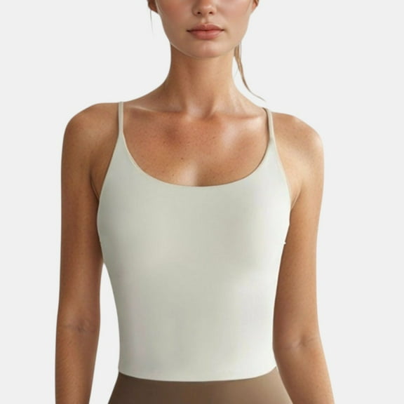 Women's Spaghetti Strap Activewear Tank with Built-In Bra and Seamless Longline Fit for Workout or Yoga - Large, Ivory
