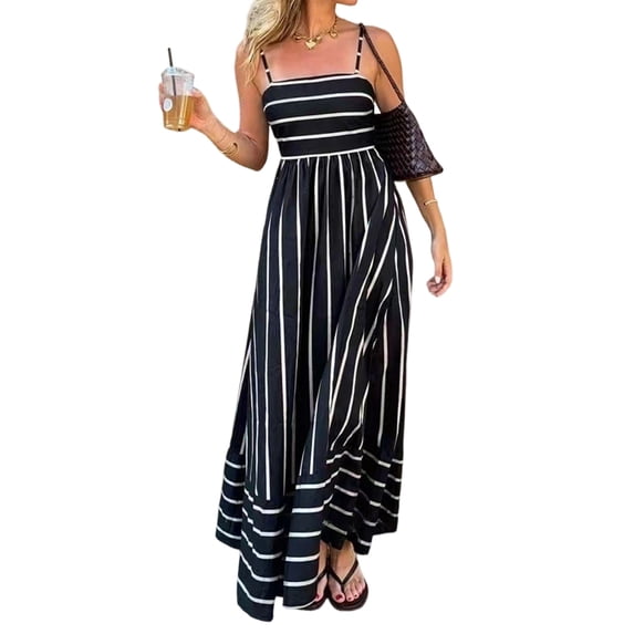 Women's Spaghetti Strap All over Striped High Waist Flowy A-Line Maxi Casual Dress Black S