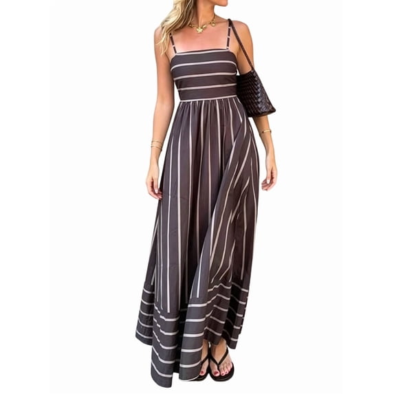 Women's Spaghetti Strap All over Striped High Waist Flowy A-Line Maxi Casual Dress Navy Blue XXL