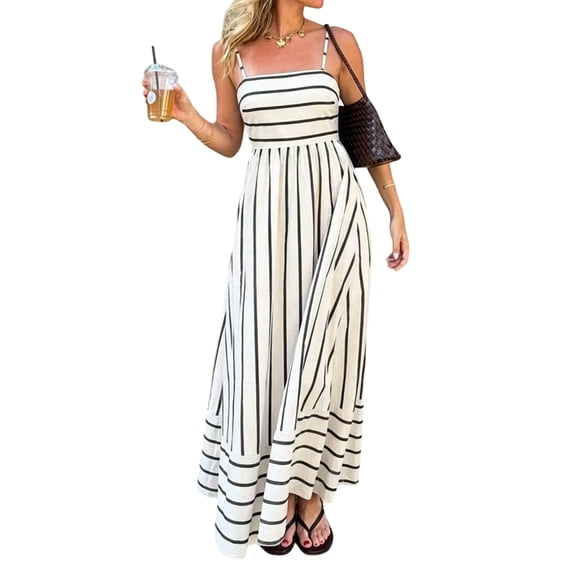 Women's Spaghetti Strap All over Striped High Waist Flowy A-Line Maxi Casual Dress White XXL