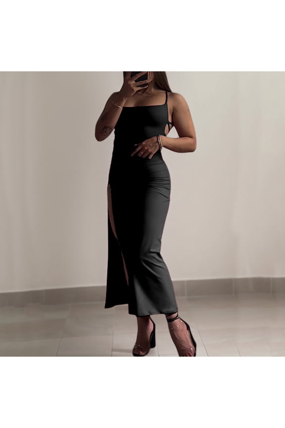 Women's Spaghetti Strap Backless Maxi Dress Square Neck Bodycon Long Slip Dress Side Split Flattering Elegant Party Night Club Dress For Evening