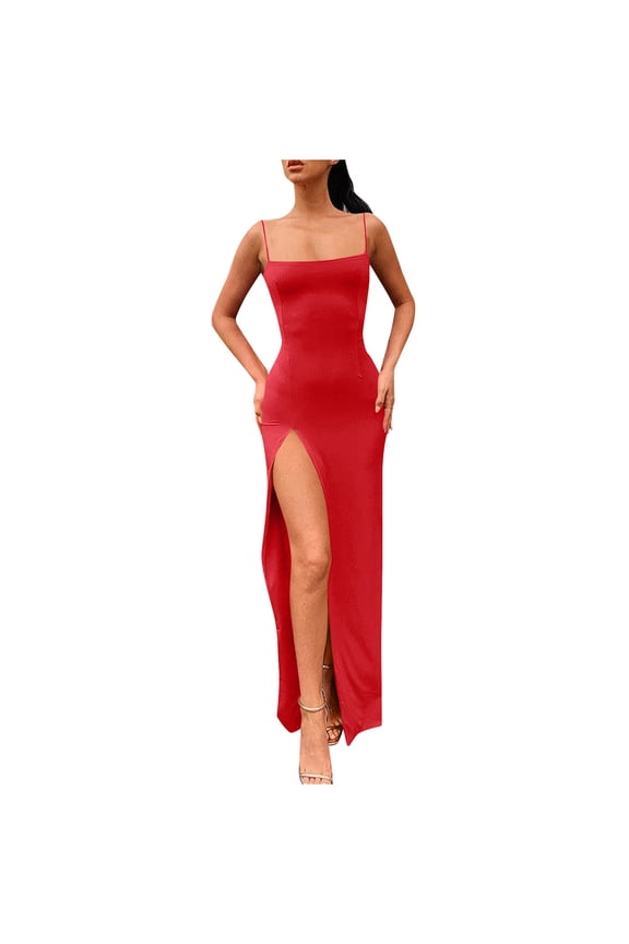 Women's Spaghetti Strap Bodycon Maxi Dress Square Neck Long Formal Thigh-high Slit Club Wedding Guest Dress