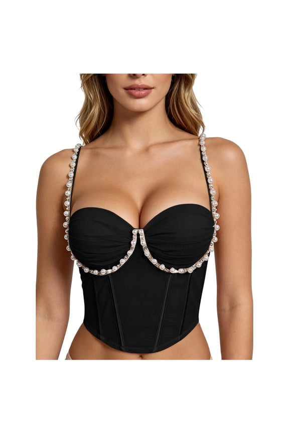 Women's Spaghetti Strap Bustier Corset Pearl Push up Mesh Cami Underwire Bra Party Night Cropped Tops Black 75