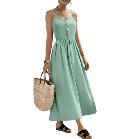Women's Spaghetti Strap Button Front Midi Dress Casual Summer Sundress Light Green M