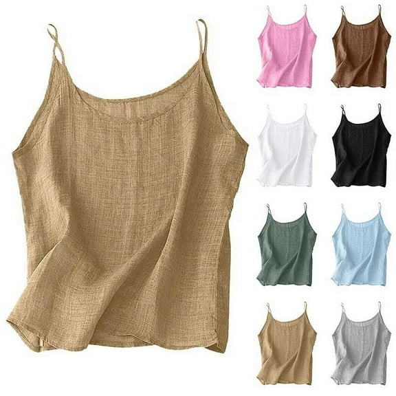 Women's Spaghetti Strap Camisole Cotton Linen Sleeveless Summer Casual Tank