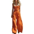 thumbnail image 1 of Women's Spaghetti Strap Cowl Neck Jumpsuit, Front Button High Waist Wide Leg Full Length Loose Solid Color Romper with Side Pockets Orange L(L), 1 of 6