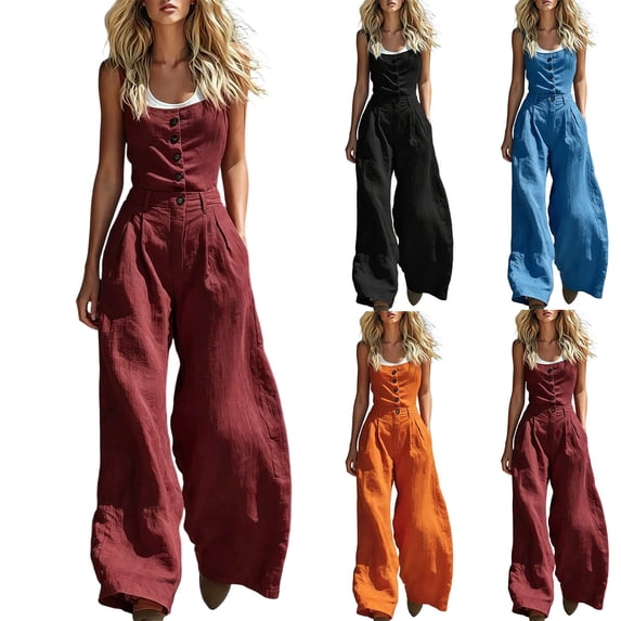 Women's Spaghetti Strap Cowl Neck Jumpsuit, Front Button High Waist Wide Leg Full Length Loose Solid Color Romper with Side Pockets Wine XL(XL)
