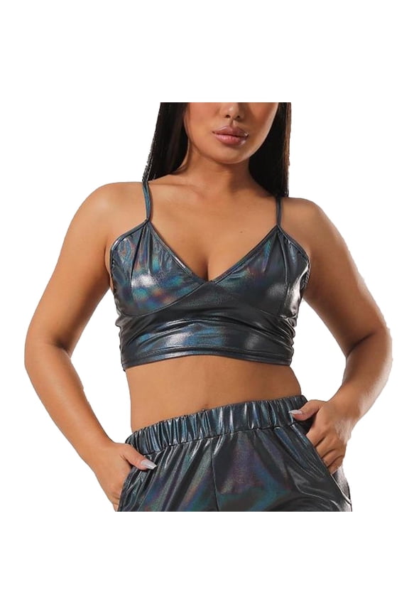 Women's Spaghetti Strap Crop Tank Tops V Neck Sleeveless Cropped Camisole Shirt for Club Party Gray