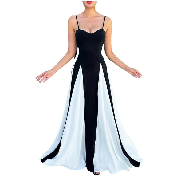 ZQUUVOU Women's Spaghetti Strap Dress Contrast Color Stitching Suspender Dress Black