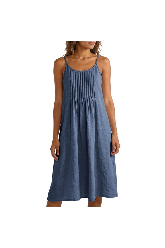 Women's Spaghetti Strap Dress Crewneck Pleated Loose Fit Flowy Boho Dresses Trendy Vacation Clothes