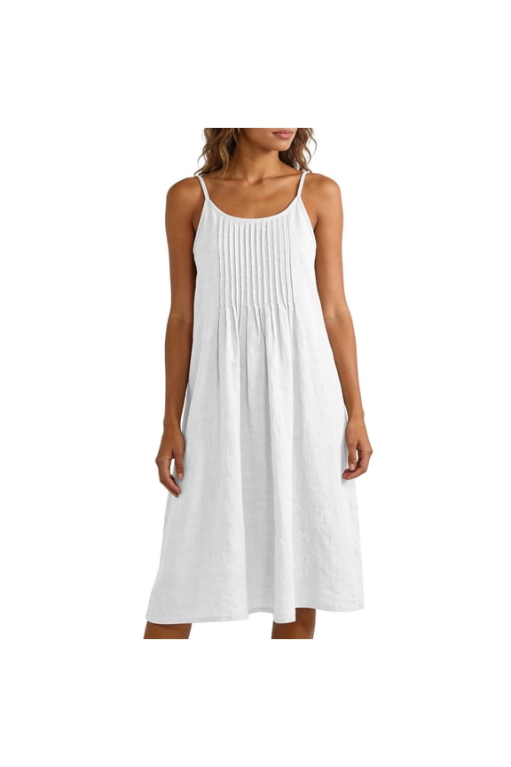 Women's Spaghetti Strap Dress Crewneck Pleated Loose Fit Flowy Boho Dresses Trendy Vacation Clothes