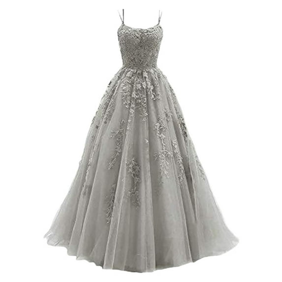 Women's Spaghetti Strap Dress Long Tulle Lace Applique Party Dress