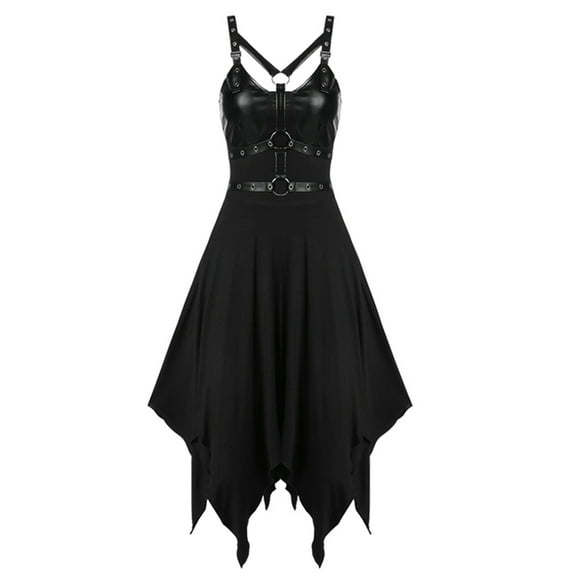 Women's Spaghetti Strap Gothic Punk Dress Steampunk Harness Strappy Vintage High-Low Dresses Formal Halloween Costume