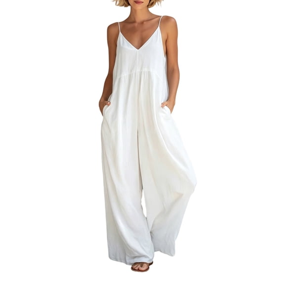 Women's Spaghetti Strap Jumpsuit - Boho V Neck Loose Sleeveless One Piece Wide Leg Pants Romper with Pockets